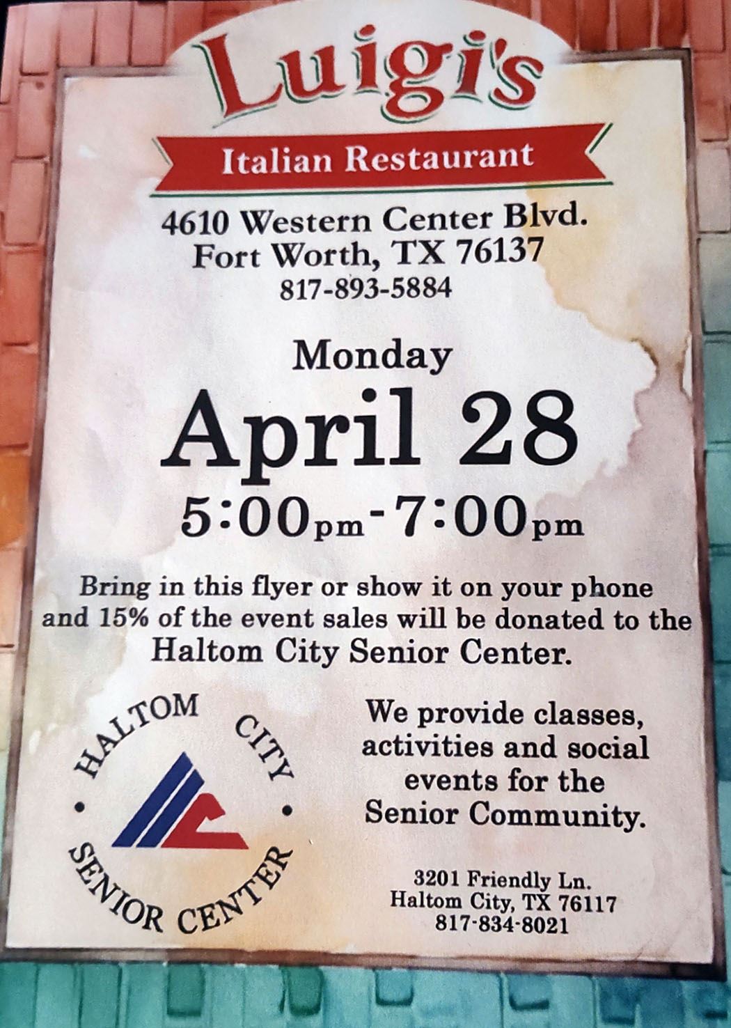 Haltom City Luigis Senior Center fundraiser - Apr 28 2025